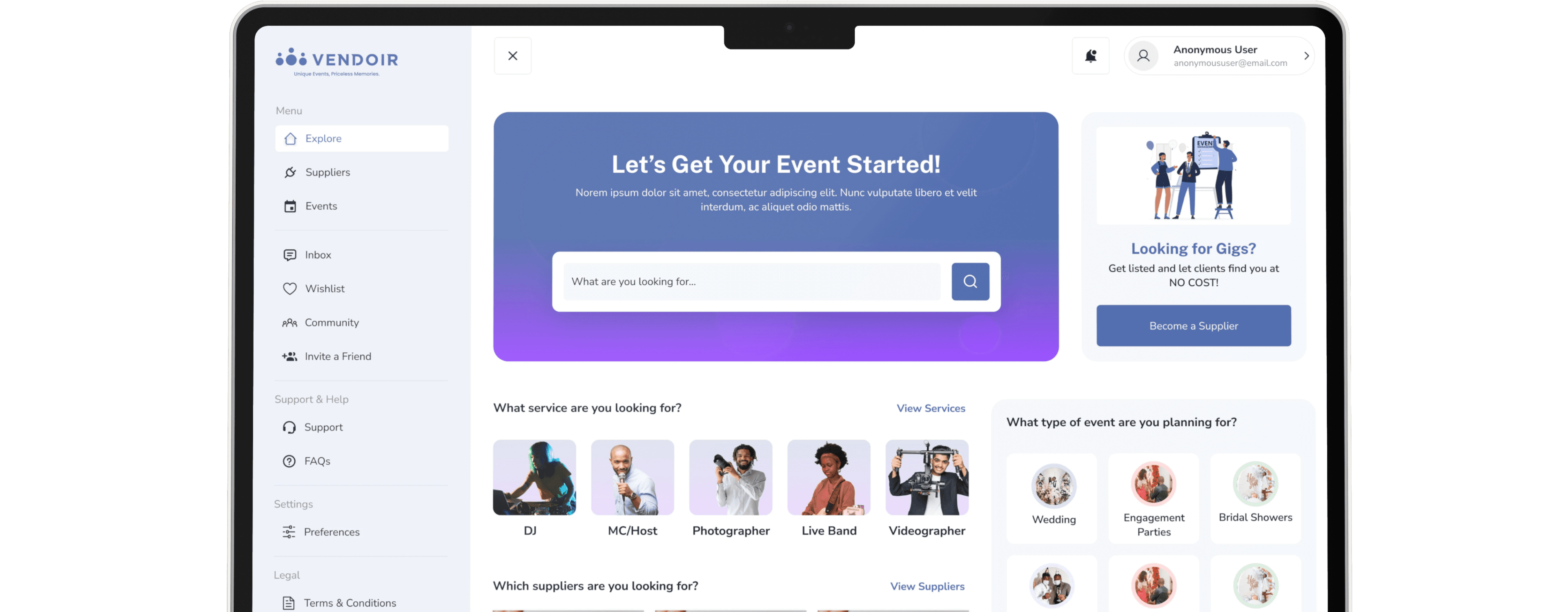 vendoir dashboard mockup
